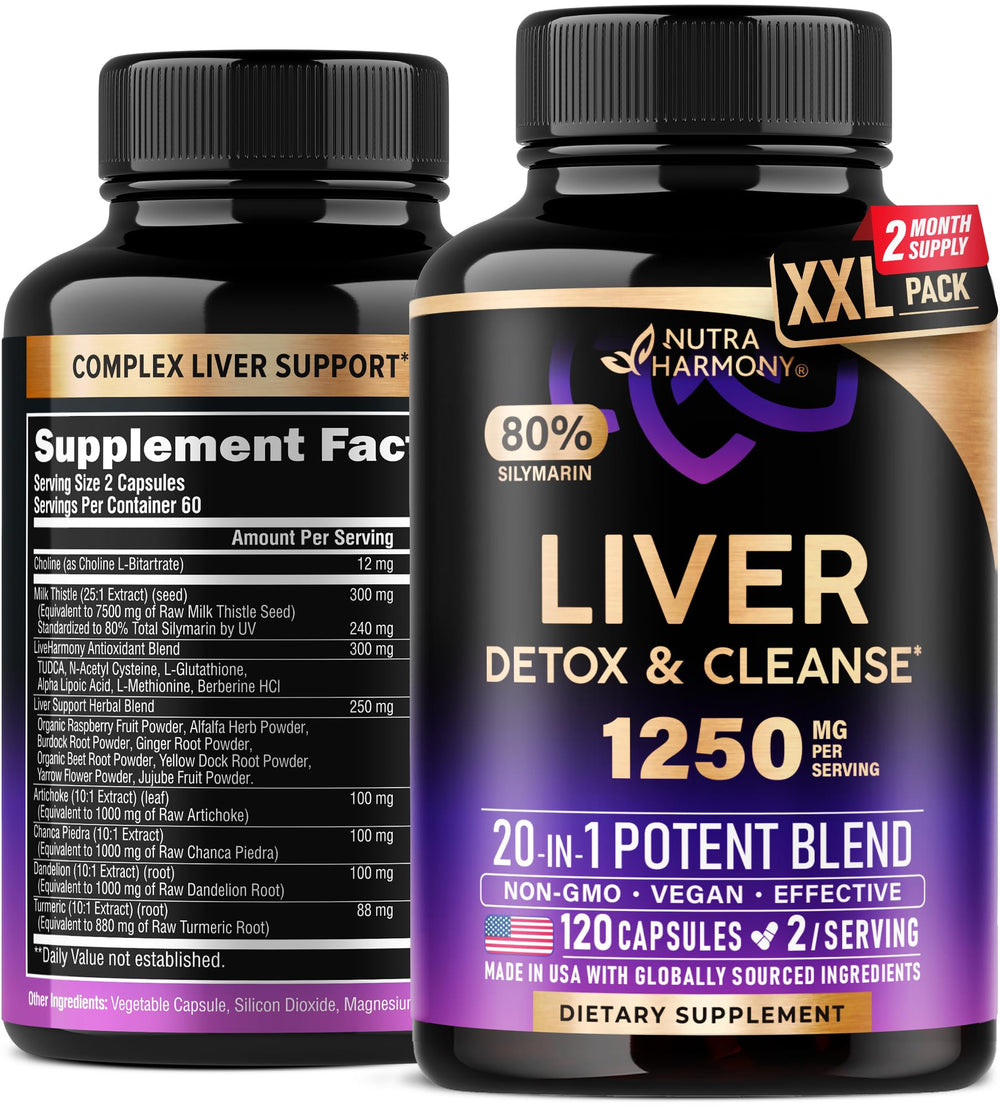 Liver cleanse and detox bottle featuring milk thistle and 20-in-1 formula