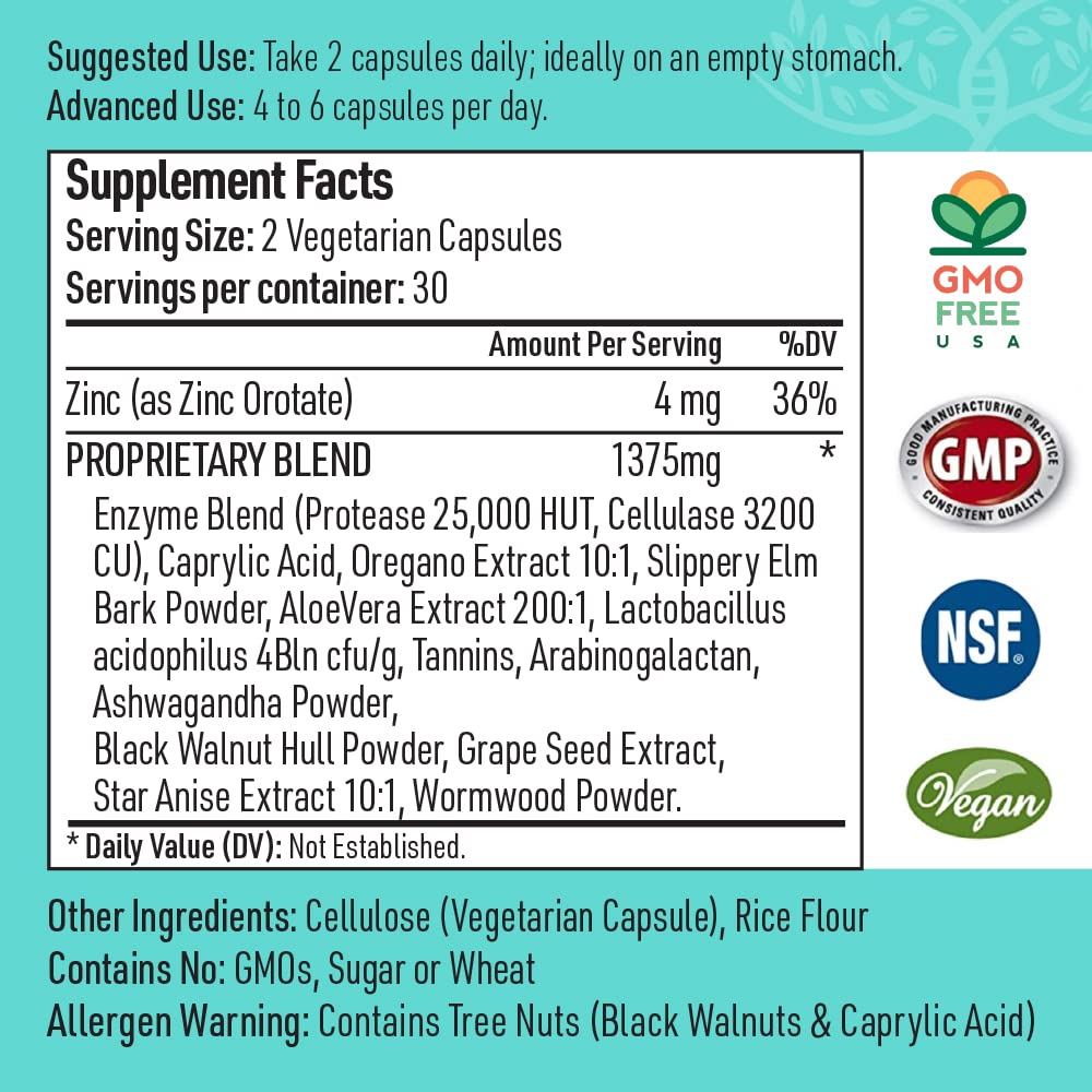 Slippery elm, ashwagandha, caprylic acid and grape seed extract ingredients