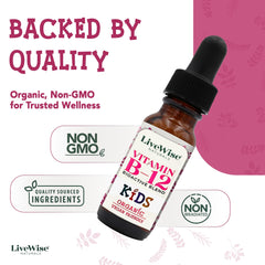Close-up of organic ingredients and labeling for LiveWise B12 liquid