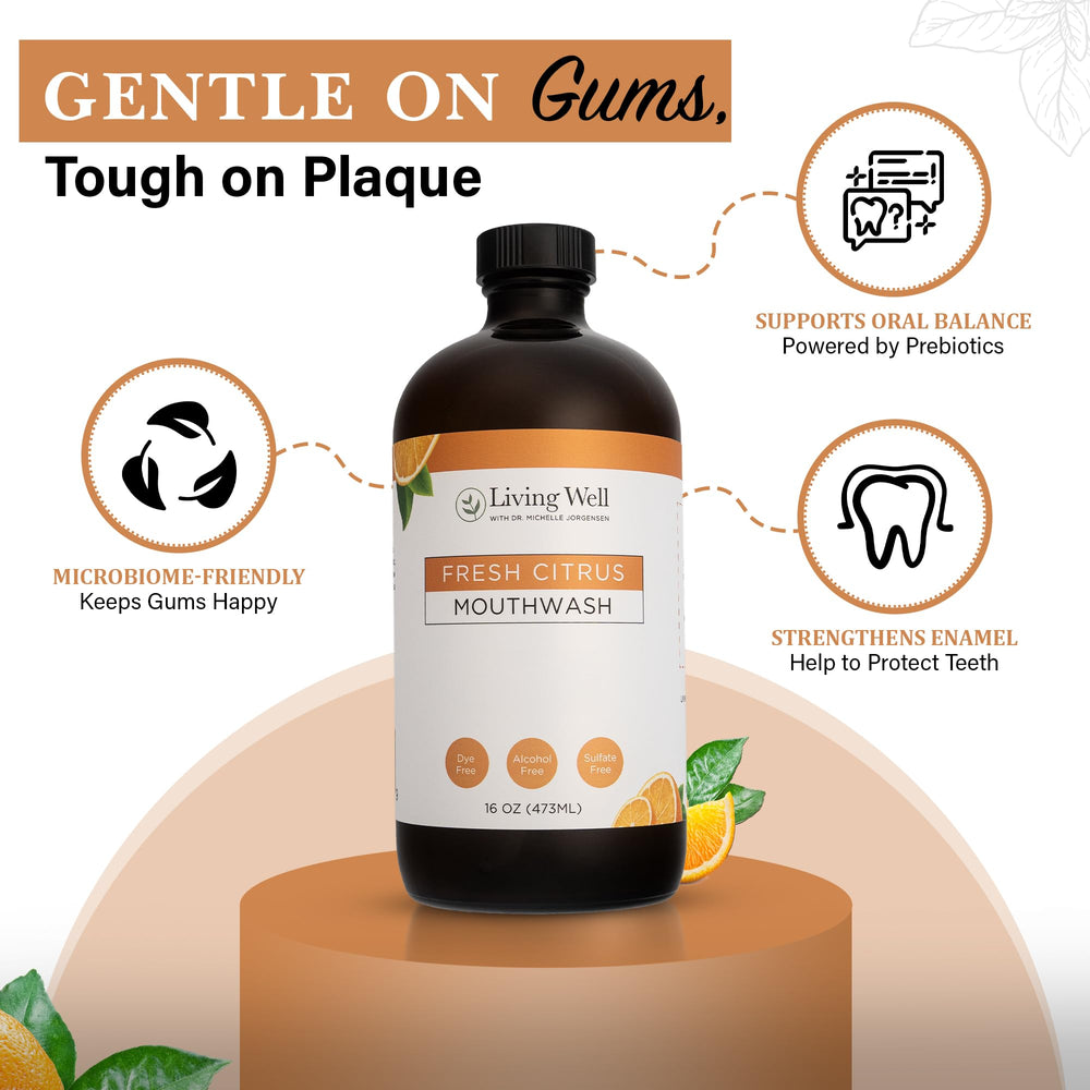 Close-up of mouthwash bottle with citrus and natural ingredients