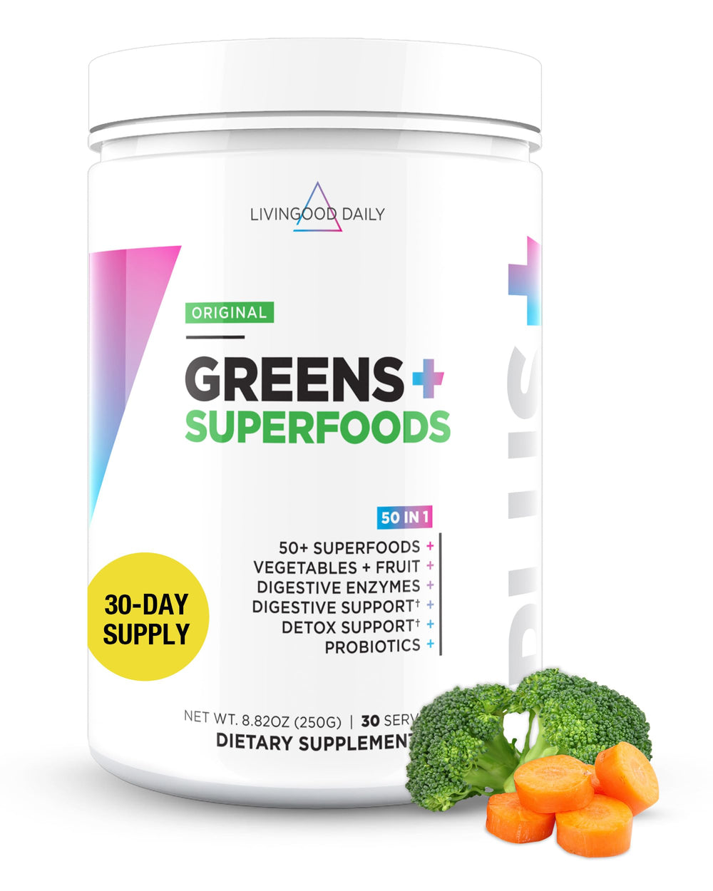 Livingood Daily Greens Original flavor bottle with scoop on white background