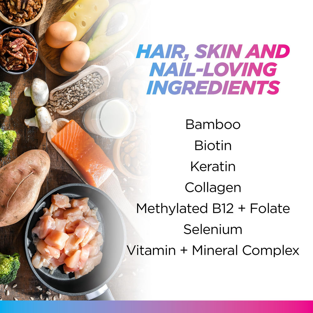 Nutrition label highlighting biotin, collagen, keratin and folate