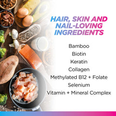 Nutrition label highlighting biotin, collagen, keratin and folate