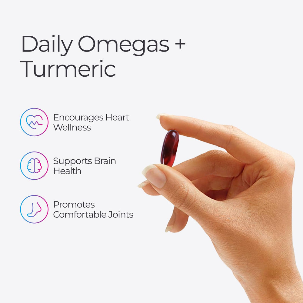 Livingood Daily omega3-6-9 turmeric softgels for easy daily supplementation.