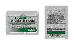 Close-up shot of R-ALA liposomal packet showing 226 mg per packet