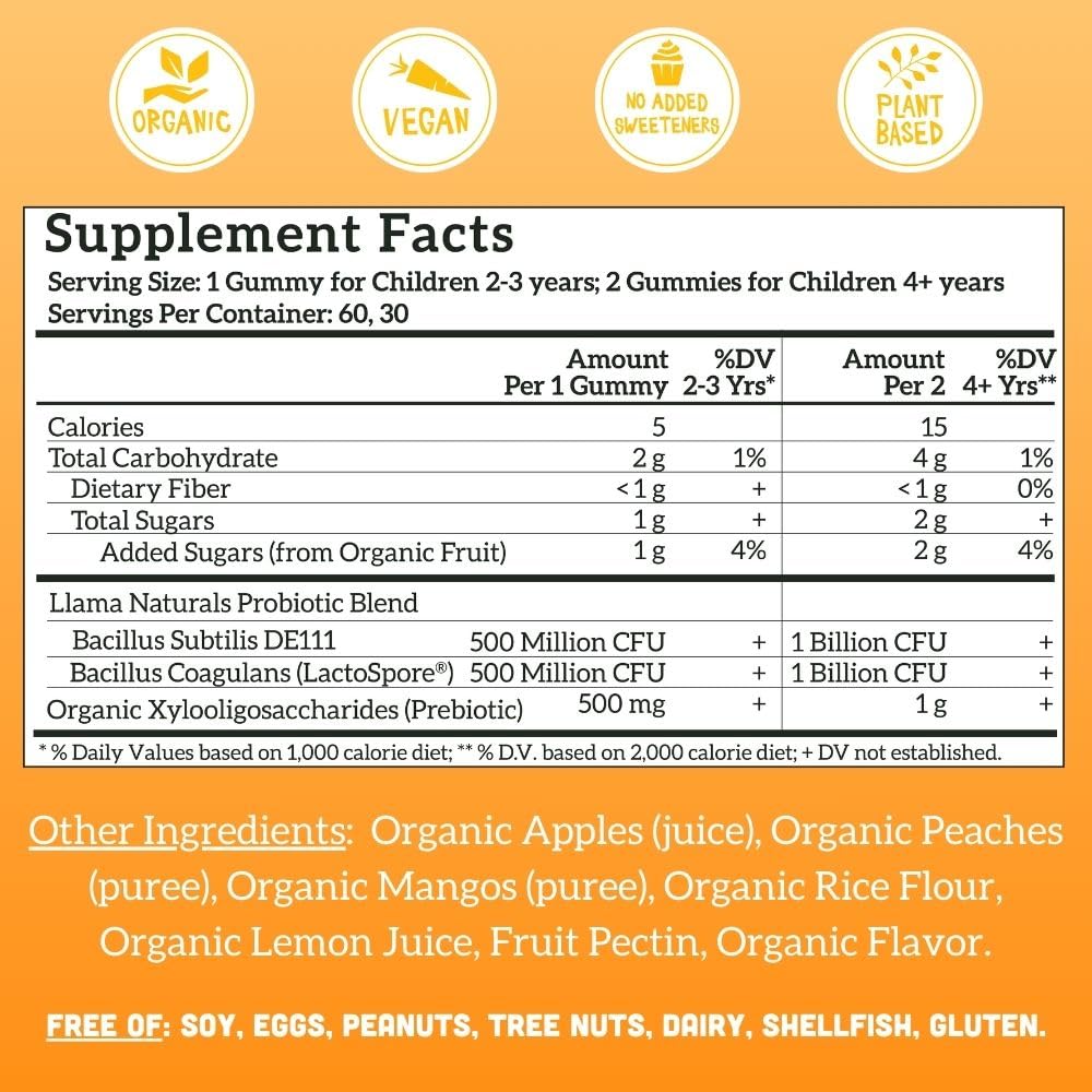 Close up of peach mango probiotic gummies for kids