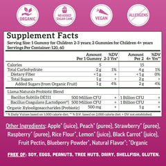 Product pack shot of Llama Naturals kids probiotic prebiotic gummies 120 count