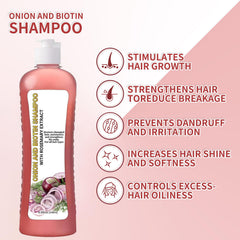 LMDGDS Onion Biotin Rosemary Shampoo ingredients panel with essential oils for scalp care.
