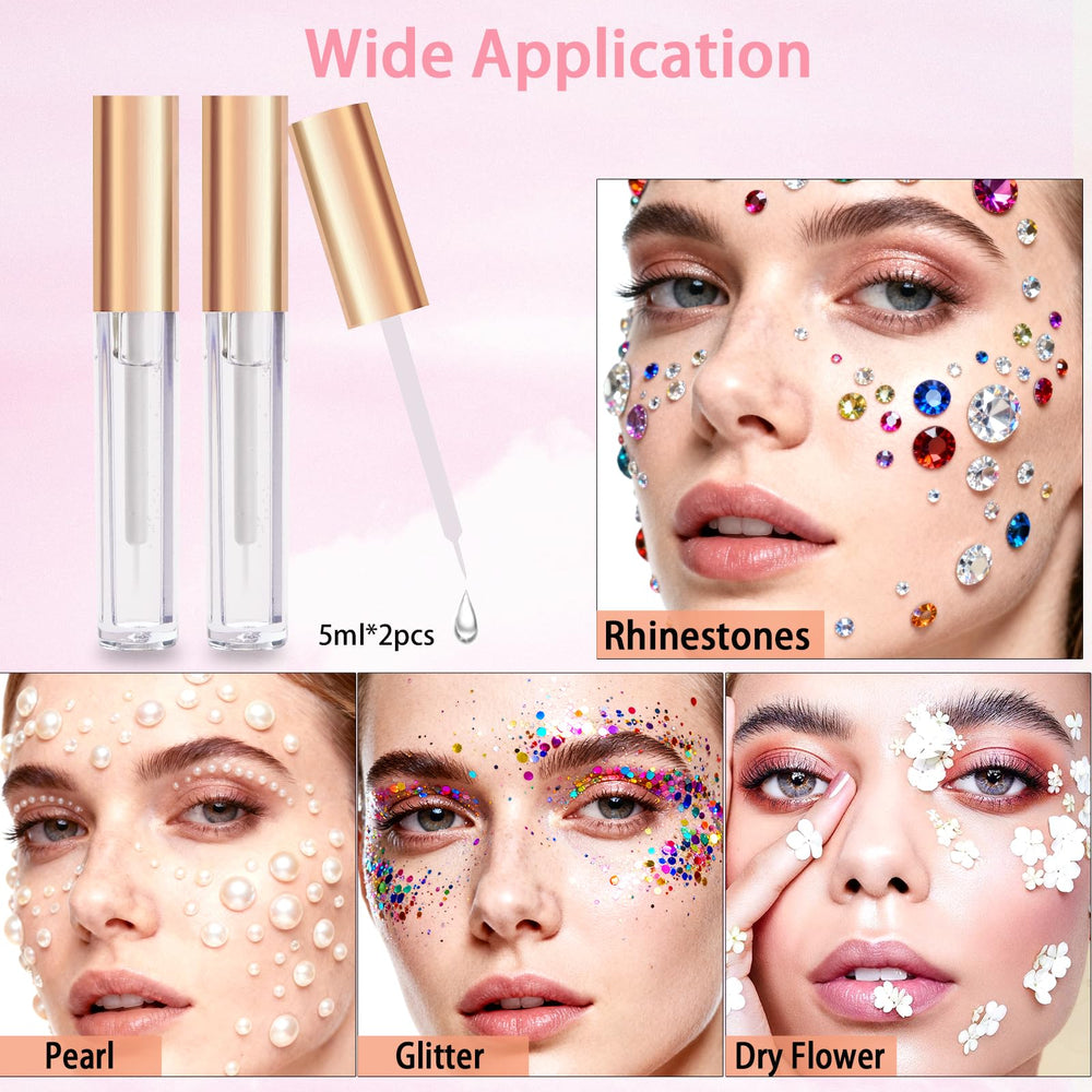 Loikmiup adhesive closeup dry-time shows quick set for eye gems.