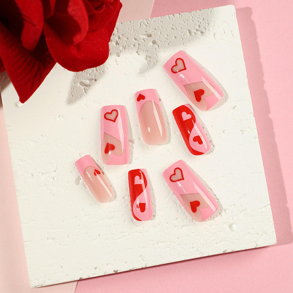 Lomxene red heart accents nails for romantic look