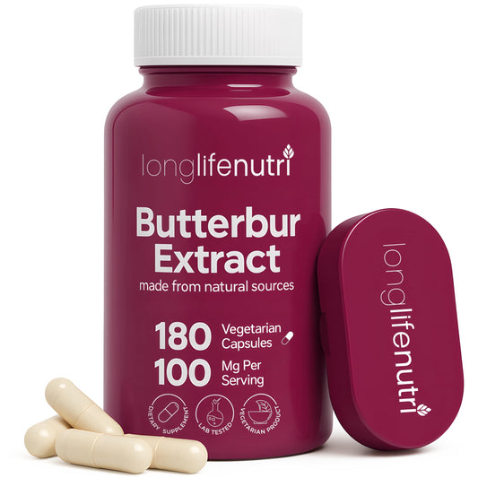 Bottle of LongLifeNutri Butterbur Extract 100mg with 180 vegetarian capsules