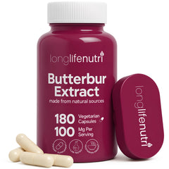Bottle of LongLifeNutri Butterbur Extract 100mg with 180 vegetarian capsules