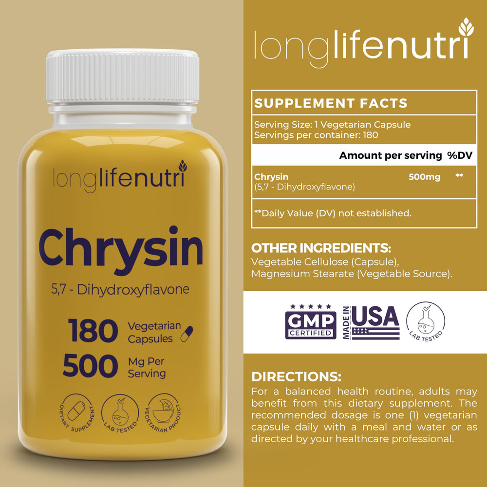 Close-up of LongLifeNutri Chrysin 500mg bottle