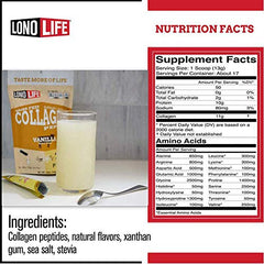 Vanilla collagen peptides powder with scoop and glass