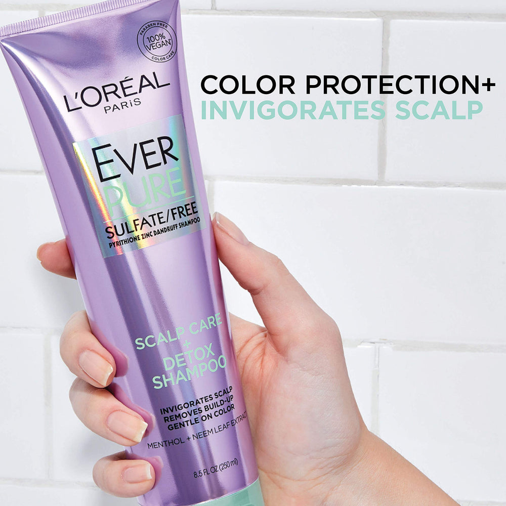 L'Oreal Paris EverPure color-treated care close-up showing hydrated, bouncy hair