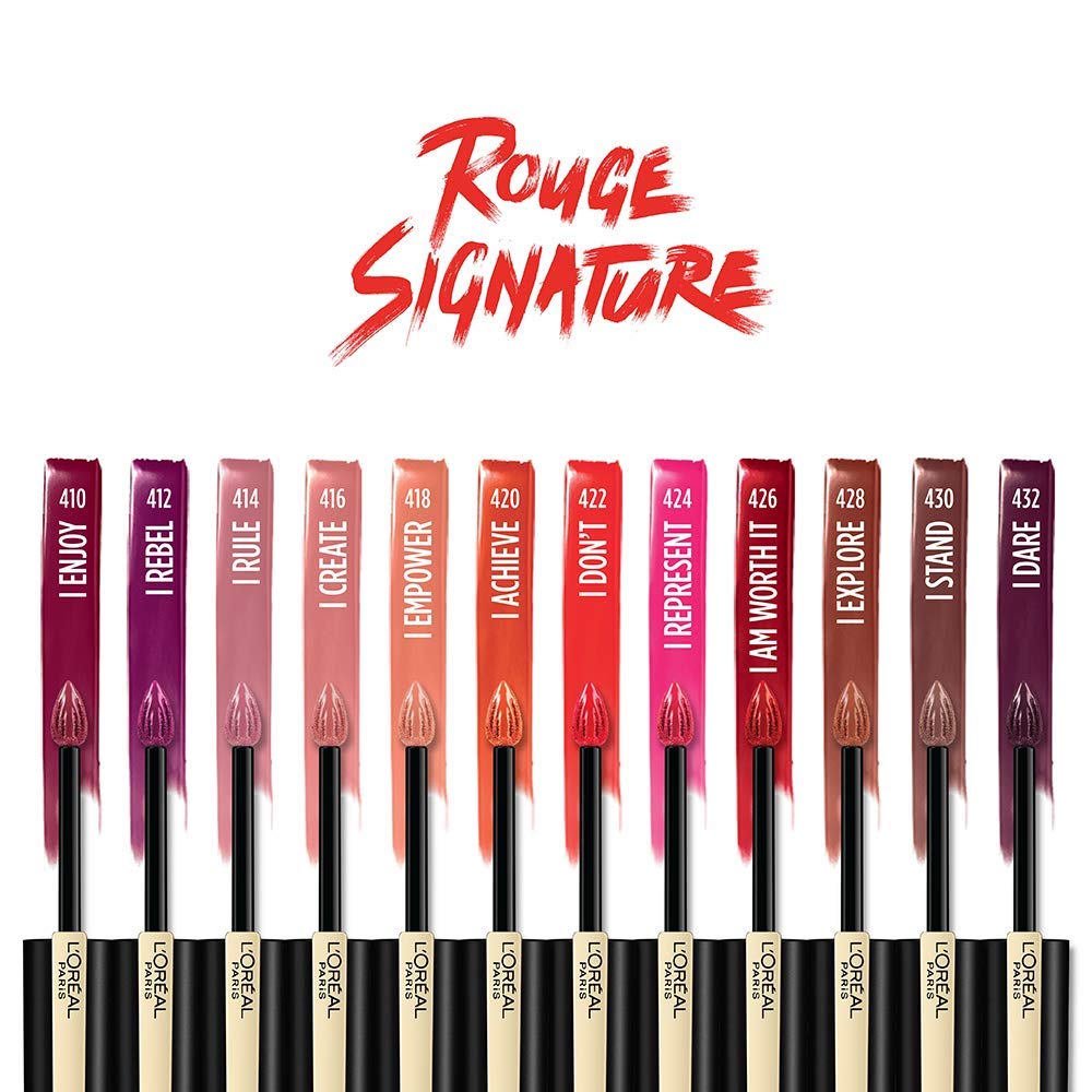L’Oréal Paris Rouge Signature color range swatches from bold reds to nude tones.