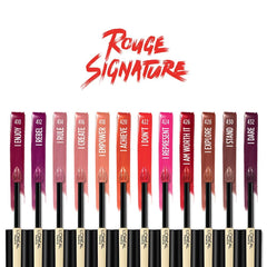 L’Oréal Paris Rouge Signature color range swatches from bold reds to nude tones.