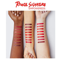 L'Oreal Paris Rouge Signature metallic shade swatch for statement lips.