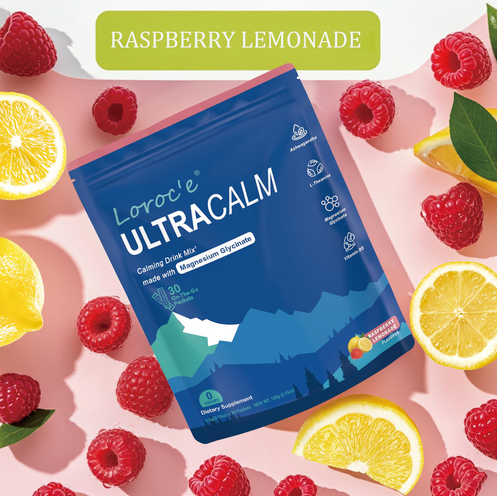 Glass of Raspberry Lemonade Ultracalm powder being mixed