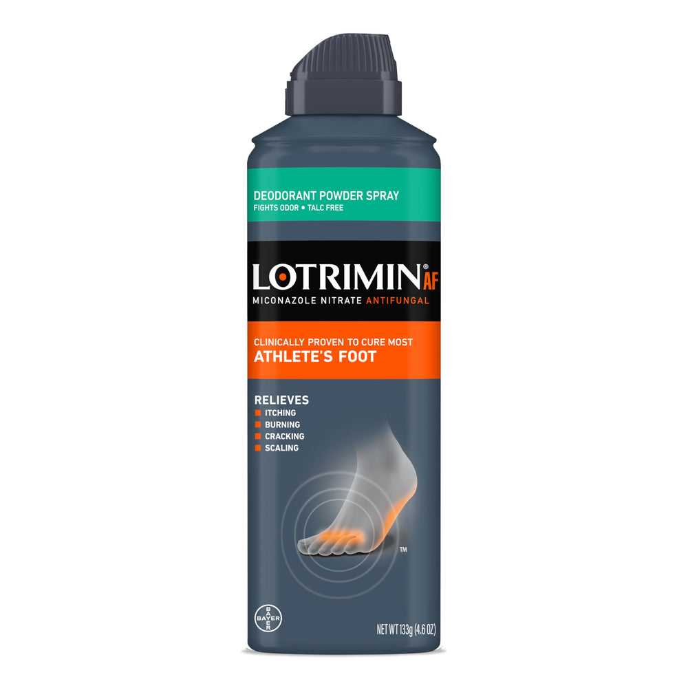 Lotrimin AF Deodorant Powder Spray packaging for easy shopping and quick at-home treatment