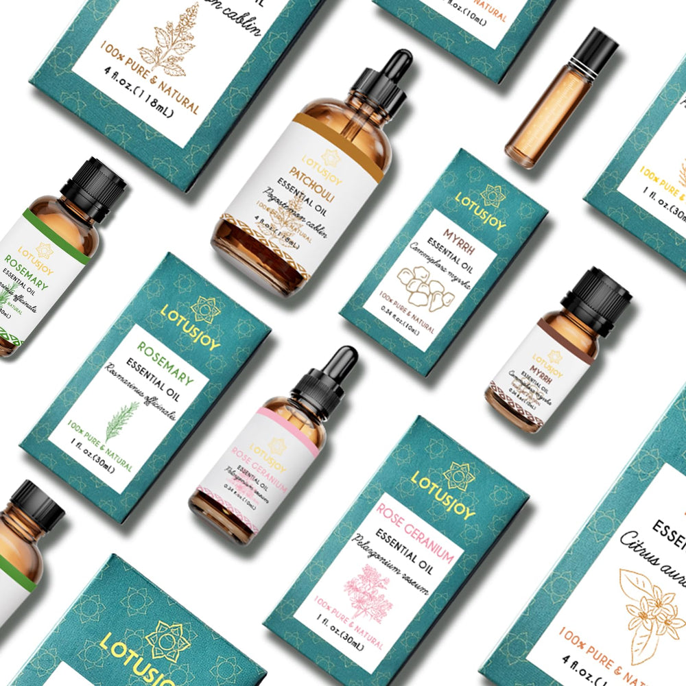 Flat lay of essential oil bottle and diffuser accessories
