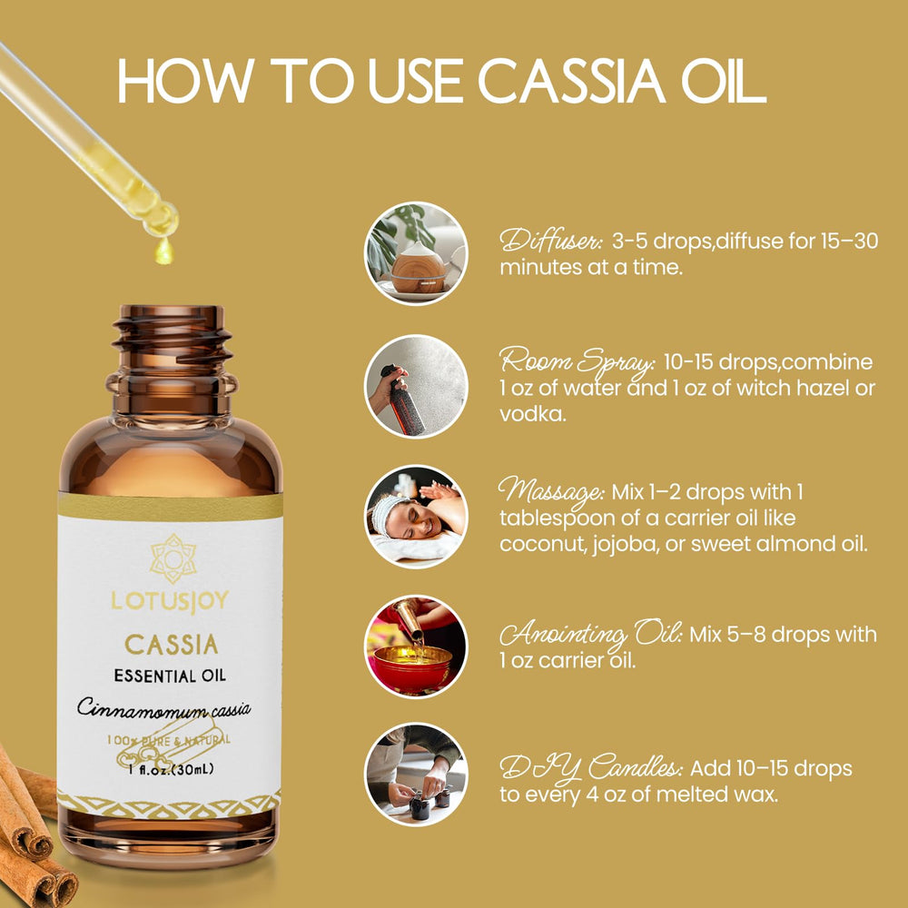 Product label of LOTUSJOY Cassia Cinnamon Bark Essential Oil