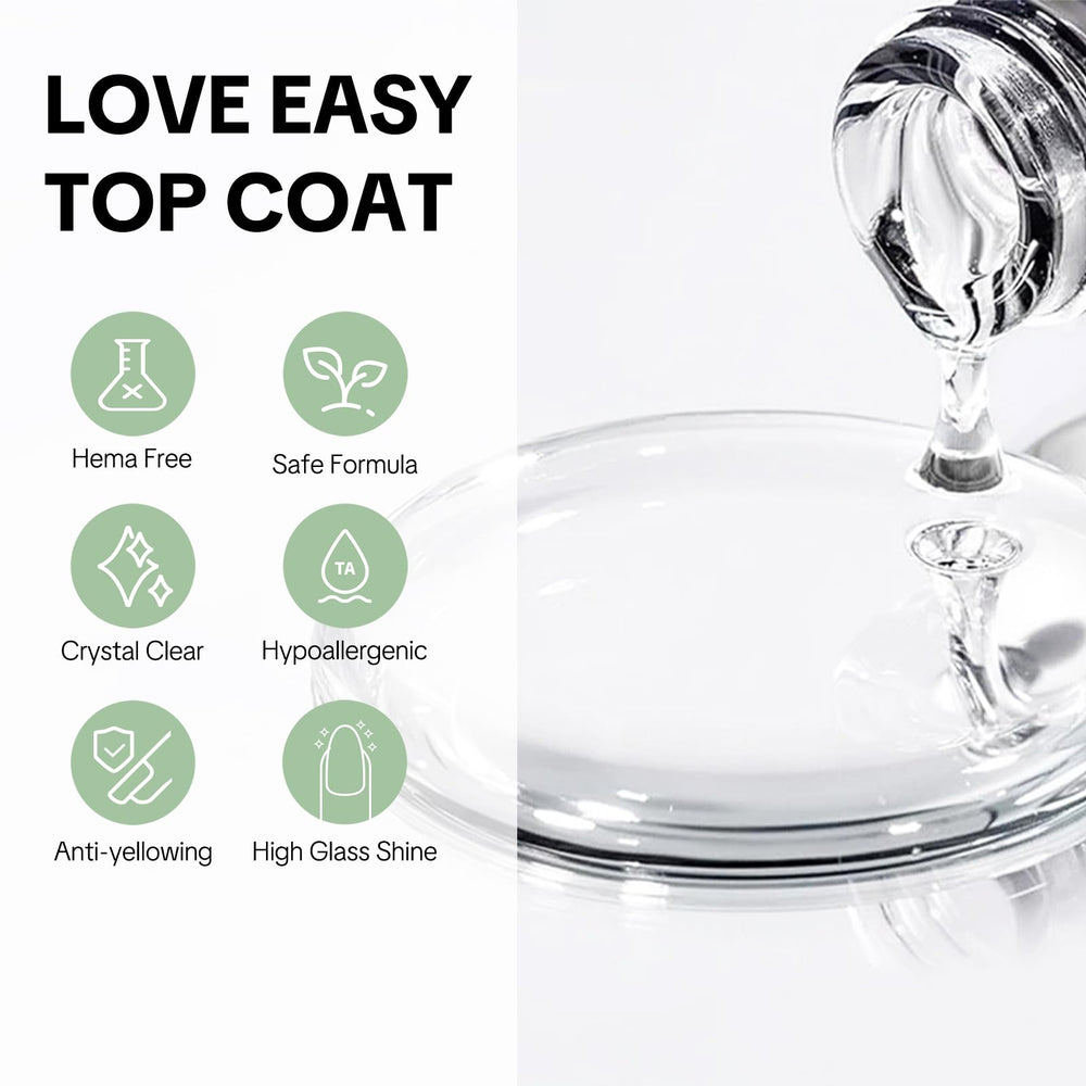 Love Easy Top Coat no-wipe gloss highlighting mirror-like shine.