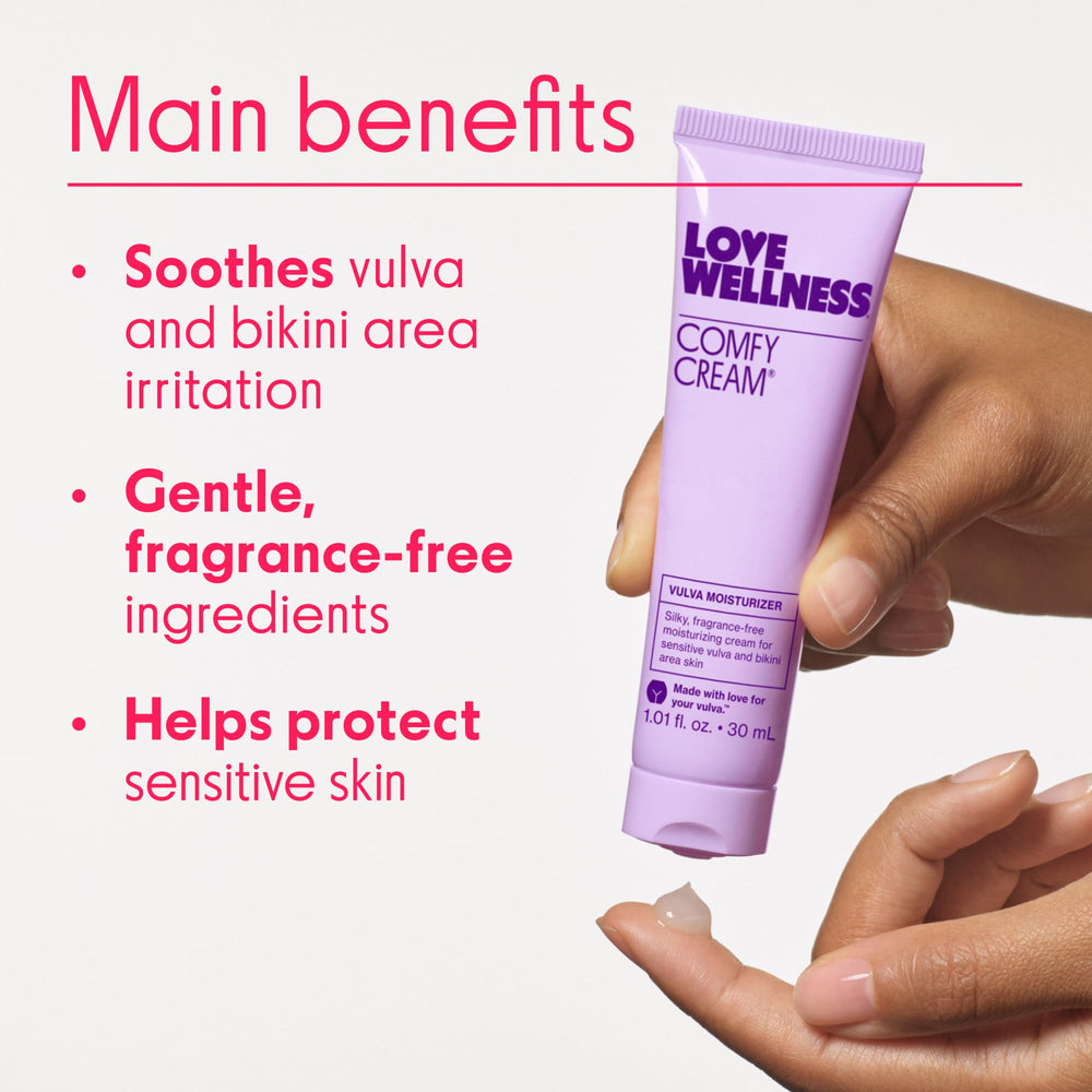 Love Wellness Comfy Cream application on skin demonstrates smooth absorption for daily use.