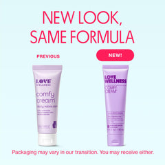 Love Wellness Comfy Cream label close-up emphasizes fragrance-free formula for sensitive skin.