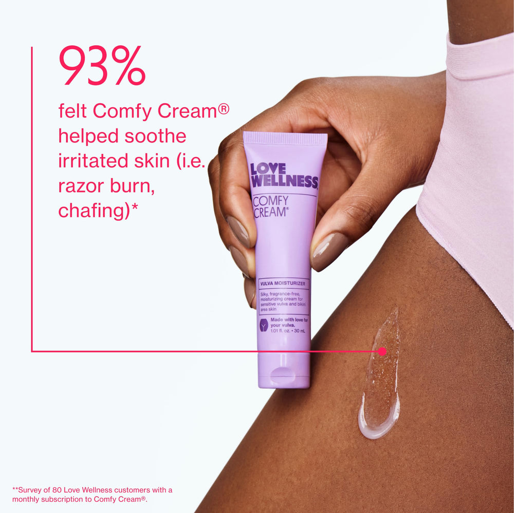 Love Wellness Comfy Cream applied to razor burn area for soothing relief.