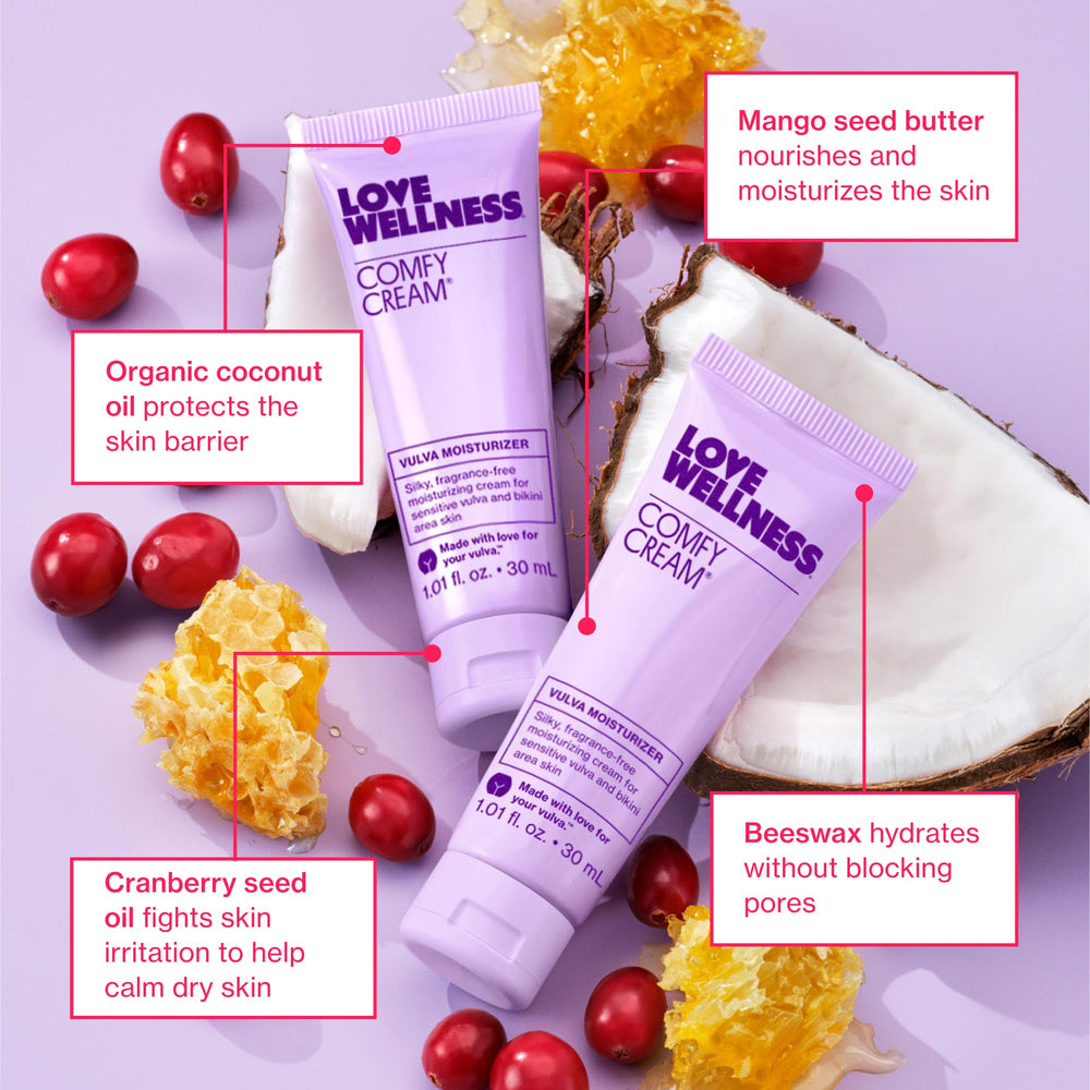 Love Wellness Comfy Cream texture close-up reveals silky, non-greasy finish.