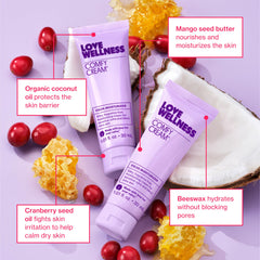 Love Wellness Comfy Cream texture close-up reveals silky, non-greasy finish.
