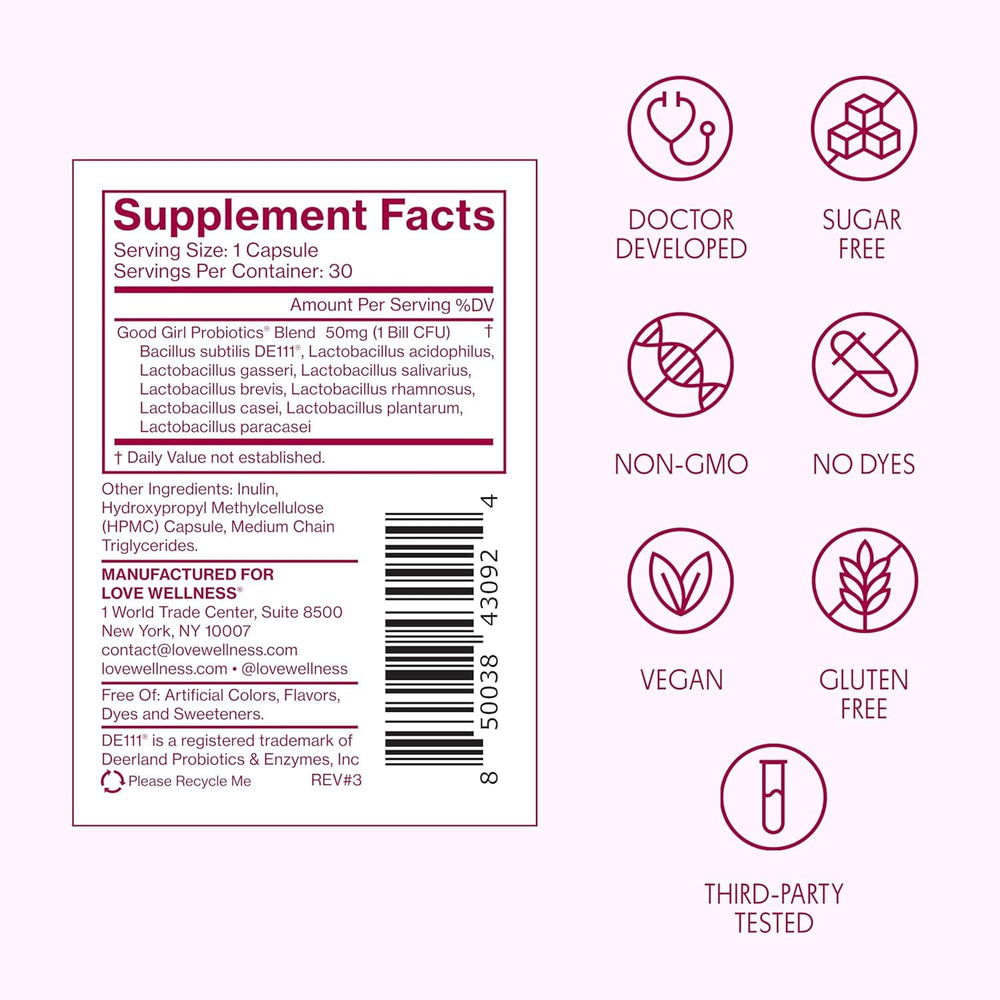 Love Wellness Good Girl Probiotics packaging design reflects brand and trust.