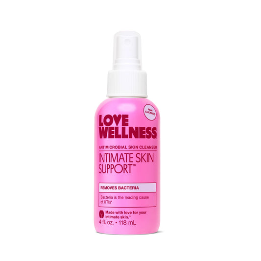 Love Wellness Intimate Skin Support bottle front shows fragrance-free cleansing for external skin.