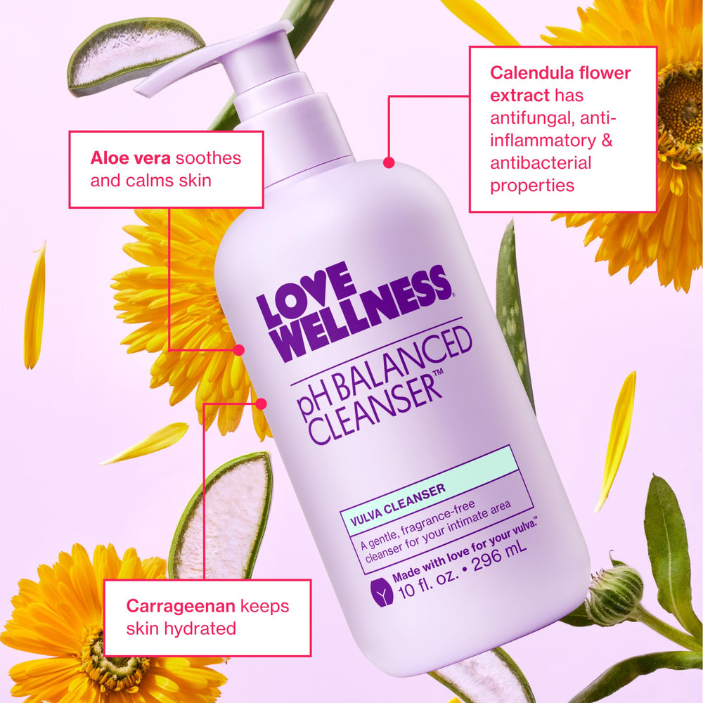 Love Wellness pH Balancing Cleanser calendula detail emphasizes calm, skin-friendly hygiene