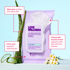Love Wellness pH Balancing Wipes show non-GMO formula with fragrance-free design for sensitive skin.