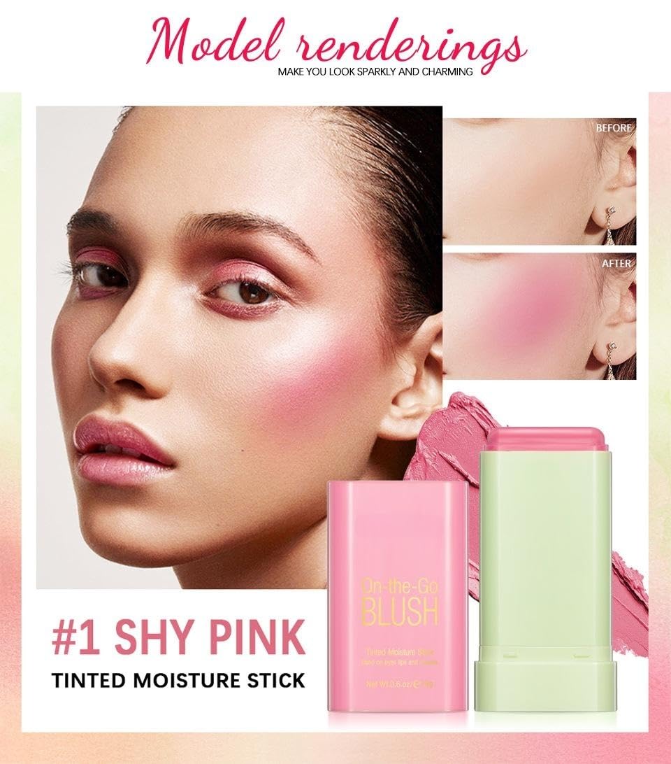 Lovelycat blush-stick demonstrates lipstick-style application for easy touch-ups.