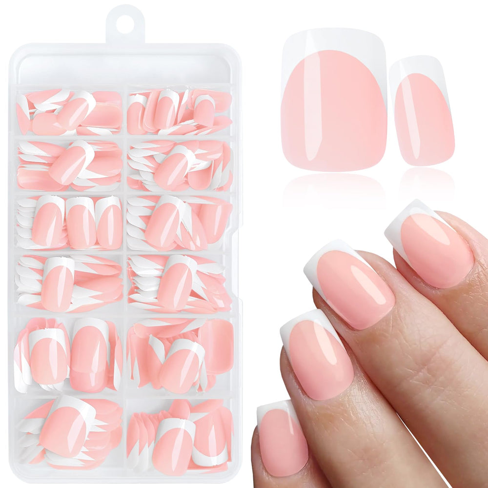 LoveOurHome 240pc round-square press-on nails with white French tips for quick, elegant manicures.