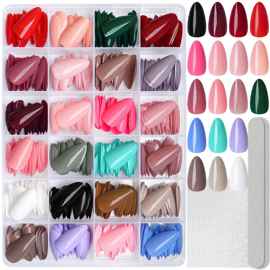LoveOurHome almond nails display with 24 glossy color options.