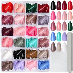 LoveOurHome almond nails display with 24 glossy color options.