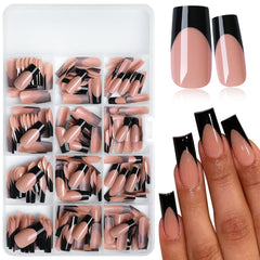 LoveOurHome black French tip nails in square medium offer quick, chic manicures.