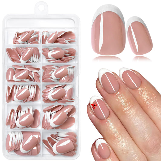 LoveOurHome oval press-on nails with white French tips for a chic, salon-style manicure at home.