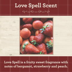 Close-up of Lovespell fragrance oil bottle label