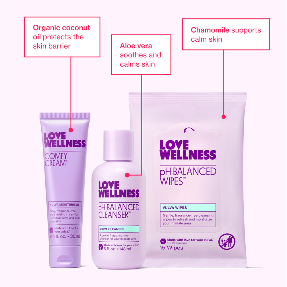 Love Wellness fragrance-free label on cleanser emphasizing irritation-free formula for sensitive skin