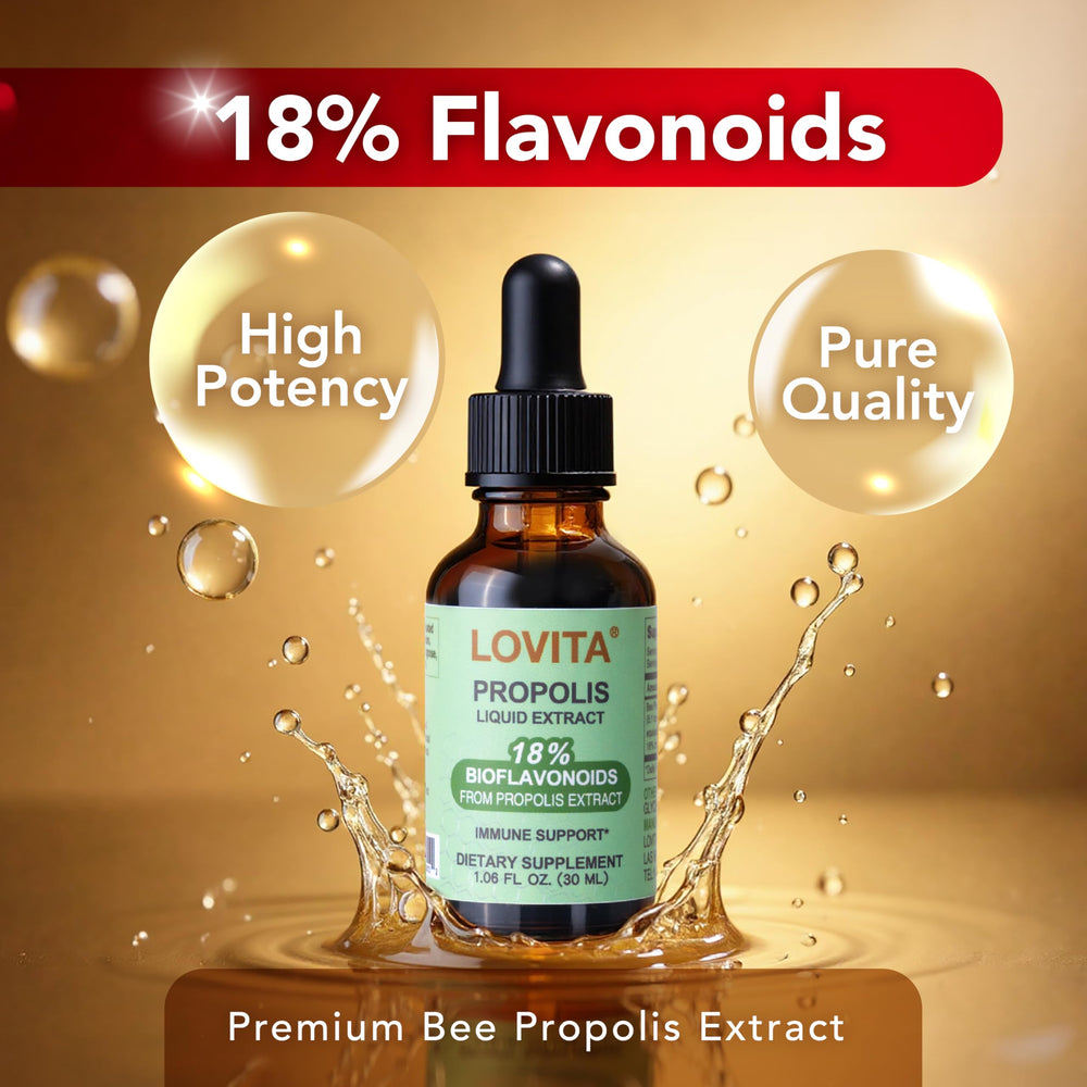 Label on LOVITA Bee Propolis Liquid Extract bottle detailing product information.