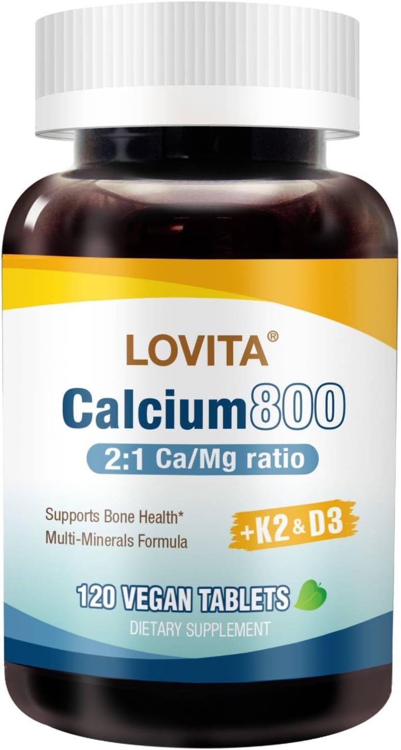 Graphic illustrating per serving nutrients: calcium 800 mg, magnesium 400 mg, vitamin D3 and K2