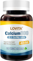 Graphic illustrating per serving nutrients: calcium 800 mg, magnesium 400 mg, vitamin D3 and K2