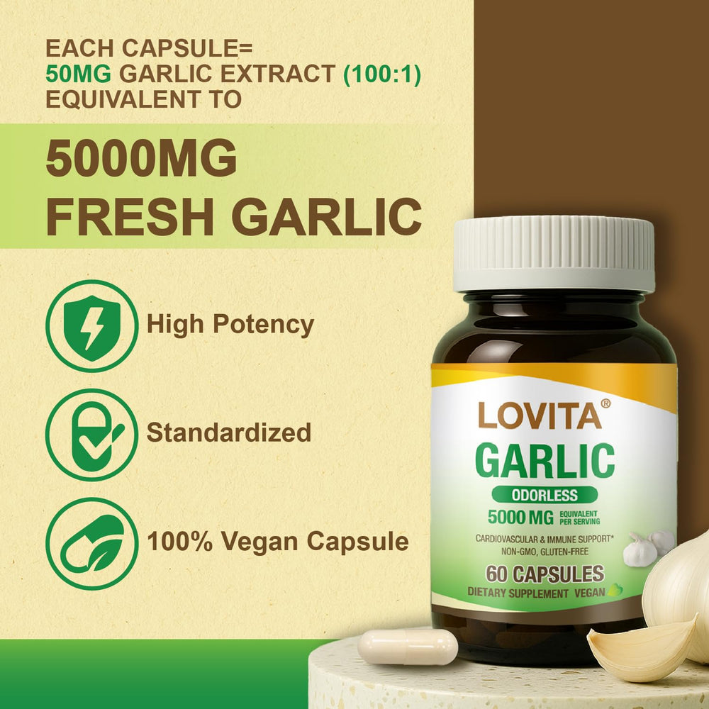 Back of LOVITA garlic capsules bottle showing supplement facts