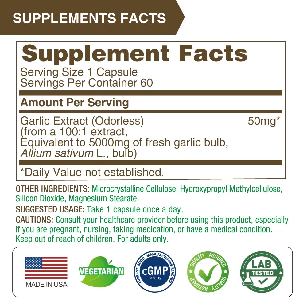 Non-GMO, gluten-free vegan garlic capsules labeling