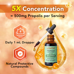 Gluten-free and non-GMO icons for LOVITA propolis.